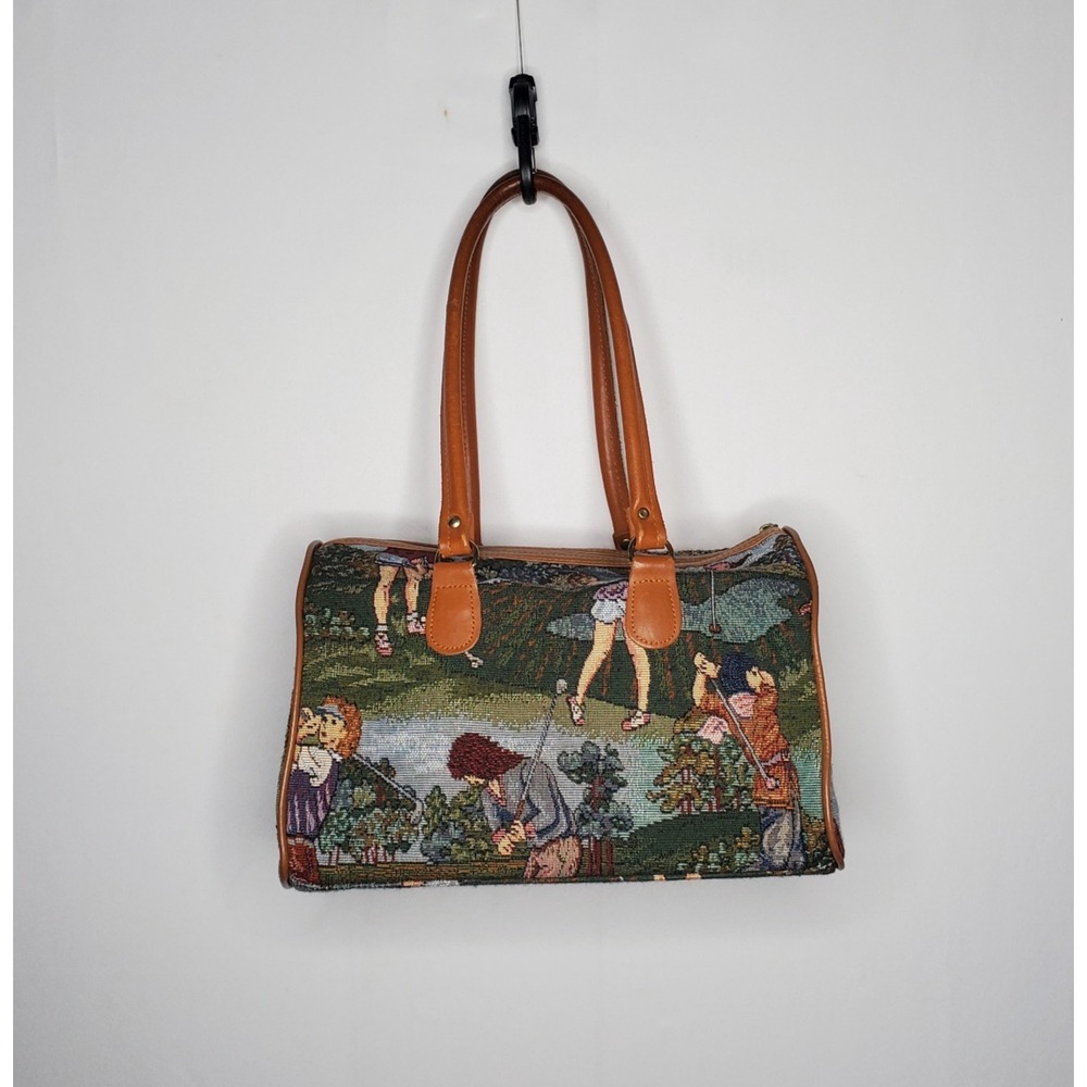 Tapestry Purse Handbag Golf Scene Sporty Vintage 2-Handle Zipper
